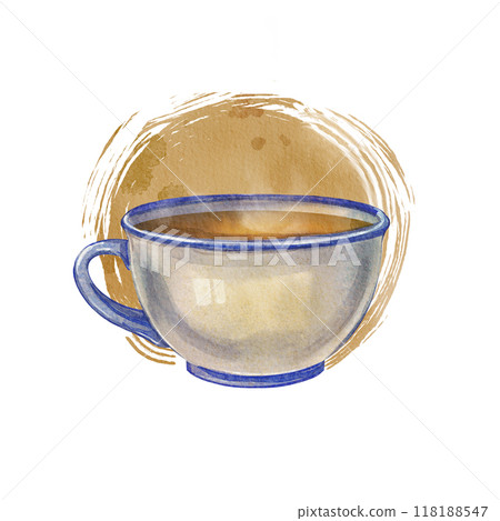Watercolor ceramic vintage tea cup with a warm brown the spot on white background. Illustration warm tea or coffee. Ideal for tea-themed designs, kitchen decor, and beverage-related projects. 118188547
