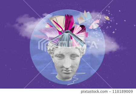 Abstract human antique statue and books. Creative idea symbol, art design or collage. Mental Health, thinking, psychology, education, intellectual development concept 118189009