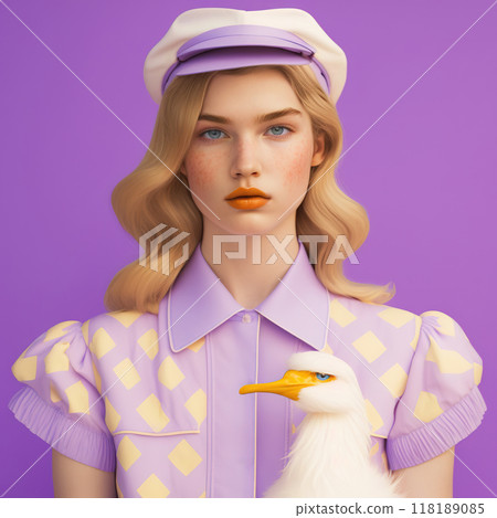 Fashion young woman with duck in a vibrant purple environment Fashion young woman with duck in a vibrant purple environment 118189085