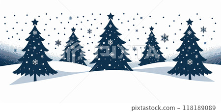 Minimalist vintage illustration of Christmas trees on a snowy landscape design for mugs or banner 118189089