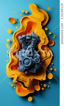 Paper-cut style, engine parts in Oil. Petroleum or automotive industry, crude oil extraction. Production of fuel from natural resources. Oil crisis. 118189129