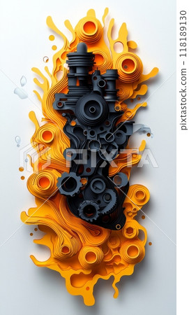 Paper-cut style, engine parts in Oil. Petroleum or automotive industry, crude oil extraction. Production of fuel from natural resources. Oil crisis. 118189130