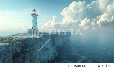 Coastal cliff with a lighthouse overlooking the ocean, ideal for adventurous exploration, with copy space in the surrounding area or background 118189170