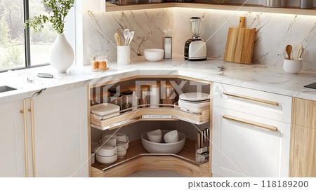 Kitchen access mechanism Magic corner for Blind Corner Cabinets. Solution for a kitchen corner storage in cupboard. Corner unit with pull out shelves for cookware. 118189200