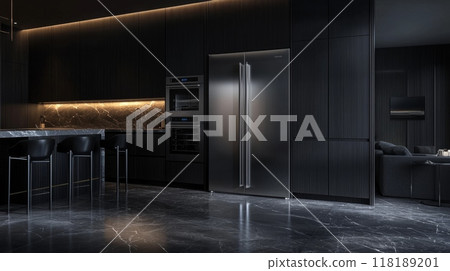 Modern Kitchen and Dining Area with Dark Tones and Stylish Lighting 118189201