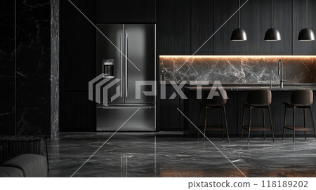 Modern Kitchen and Dining Area with Dark Tones and Stylish Lighting 118189202