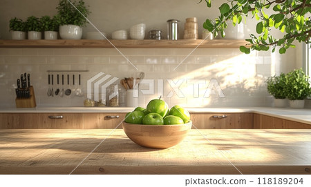 Modern open kitchen space, predominantly white with warm maple tones, organized and elegant, essential kitchen tools, a decorative bowl of green apples, even lighting without shadows, no people, ideal Modern open kitchen space, predominantly white with warm maple tones, organized and elegant, essential kitchen tools, a decorative bowl of green apples, even lighting without shadows, no people, ideal 118189204