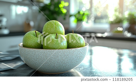 Modern open kitchen space, predominantly white with warm maple tones, organized and elegant, essential kitchen tools, a decorative bowl of green apples, even lighting without shadows, no people, ideal Modern open kitchen space, predominantly white with warm maple tones, organized and elegant, essential kitchen tools, a decorative bowl of green apples, even lighting without shadows, no people, ideal 118189205