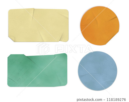 Glued wrinkles rectangular and round old paper sticker vector realistic icons set, crumpled label tapes different colors 118189276