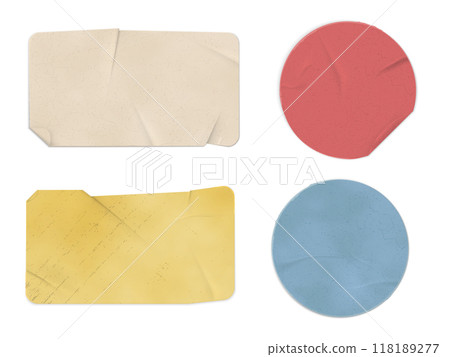 Set of crumpled paper textures of various colors and shapes on an isolated background. 118189277