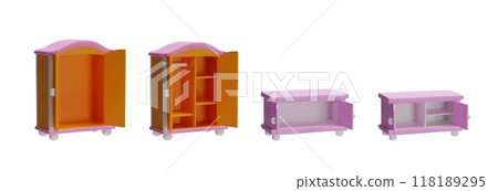 Opened wardrobe, wooden closet, pink dresser 3D vector icons set, furniture store cupboard, cabinet with open doors, toy 118189295