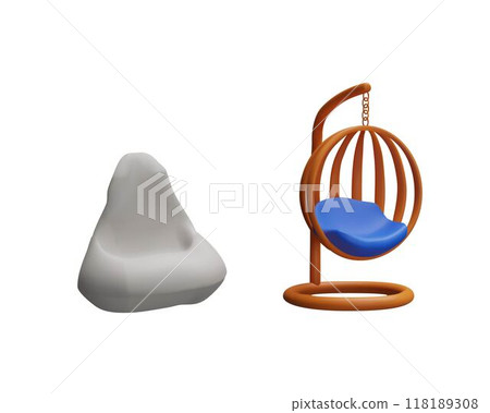 Wicker oval swing hanging chair and poof armchair 3D plastic style vector icons set, volume lounge seat couch furniture Wicker oval swing hanging chair and poof armchair 3D plastic style vector icons set, volume lounge seat couch furniture 118189308