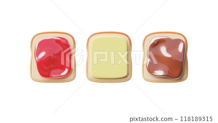 3d sandwiches with white bread, butter, red jam and chocolate paste on a white backgroun 3d sandwiches with white bread, butter, red jam and chocolate paste on a white backgroun 118189315