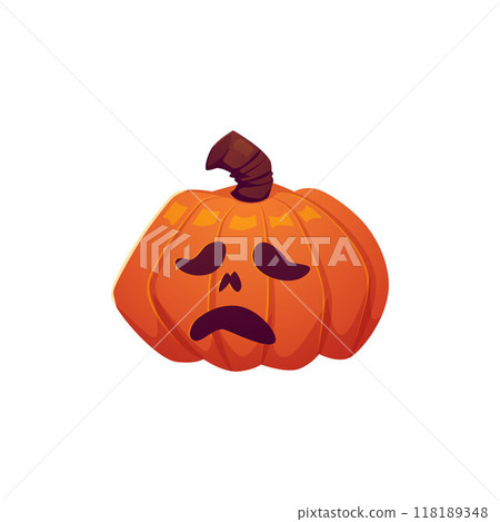 Orange pumpkin with spooky carving face, Halloween holiday pumpkin symbol, evil sad expression emoji vector cartoon icon 118189348