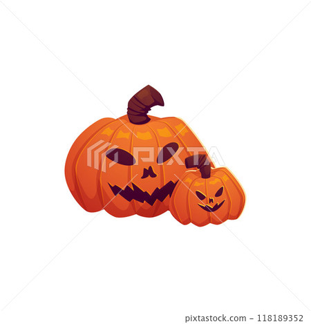 Orange pumpkins big and small with spooky grinning carving face, Halloween symbol, vector cartoon evil expression emoji Orange pumpkins big and small with spooky grinning carving face, Halloween symbol, vector cartoon evil expression emoji 118189352