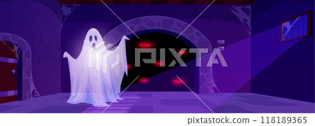 Vector illustration with a creepy dungeon interior with ghosts and monsters with red eyes Vector illustration with a creepy dungeon interior with ghosts and monsters with red eyes 118189365