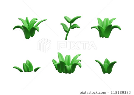 Green grass 3D plastic style vector set, bush of leaves, garden foliage, herbs, volume bunches for floral design nature 118189383