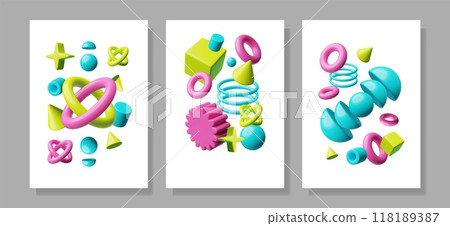 Set of vector 3D composition illustrations in brutalism. Set of vector 3D composition illustrations in brutalism. 118189387