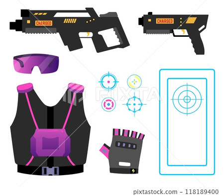 Laser tag game equipment vector set, cartoon game blaster weapon laser ray shot gun, safety glasses, gloves, target vest Laser tag game equipment vector set, cartoon game blaster weapon laser ray shot gun, safety glasses, gloves, target vest 118189400