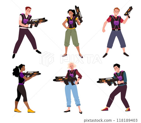 A set featuring various characters in laser tag equipment. A set featuring various characters in laser tag equipment. 118189403