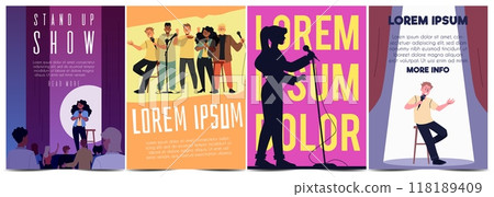Comedian artist persons with microphone perform stand-up comedy show on stage vector invitation poster set, live speaker 118189409