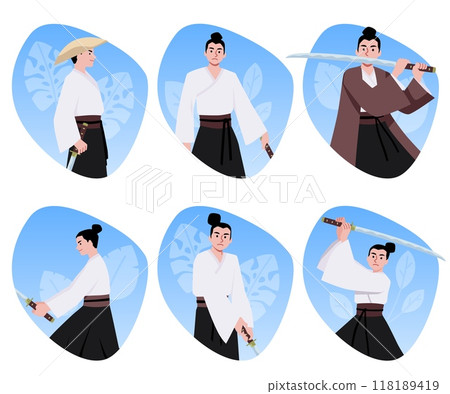 Eastern warriors in different poses with swords. Vector illustration. 118189419