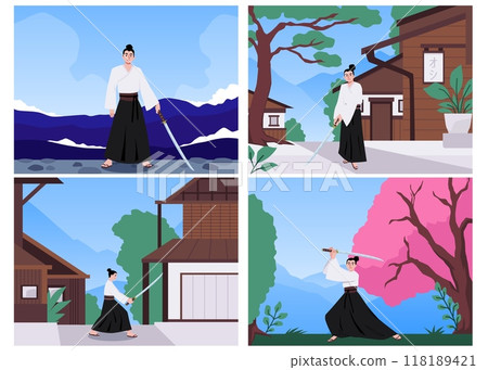 A vector illustrations depicting warriors with blades against the background of a traditional Japanese landscape A vector illustrations depicting warriors with blades against the background of a traditional Japanese landscape 118189421