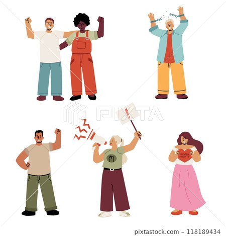Human rights fight, equality vector flat set, breaks the chain, agitation protesting, multicultural people demonstration 118189434