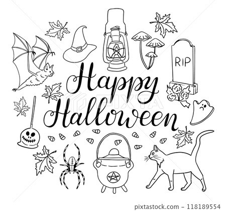 Happy Halloween contour sketch drawing set 118189554