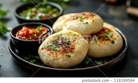 Freshly cooked stuffed flatbreads on dark plate 118189584
