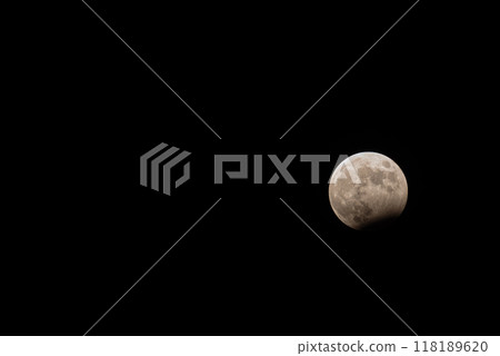 Lunar eclipse, full moon with a hidden part. Negative space and void, details of the craters. 118189620