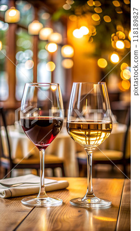 Red and White Wine Glasses on a Table in a Cozy Restaurant 118189827
