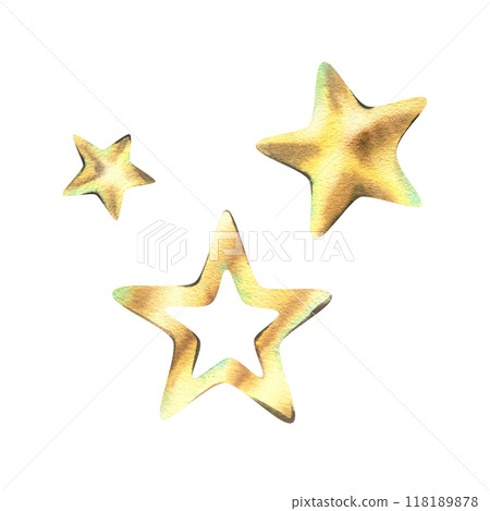 Golden stars, New Year's toys for decoration and other holidays, yellow, volumetric. Watercolor illustration, hand-drawn. Set of individual elements isolated from the background. Golden stars, New Year's toys for decoration and other holidays, yellow, volumetric. Watercolor illustration, hand-drawn. Set of individual elements isolated from the background. 118189878