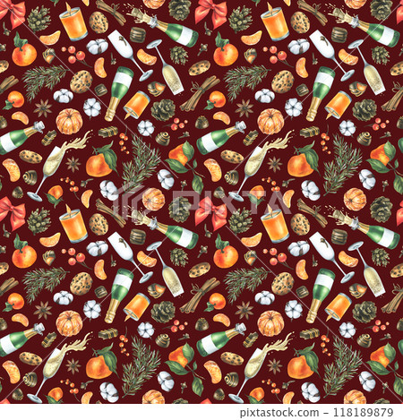 Christmas collection with tangerines, sweets, spices, champagne and plants. Watercolor illustration, hand drawn for holiday decor. Seamless pattern on a burgundy background Christmas collection with tangerines, sweets, spices, champagne and plants. Watercolor illustration, hand drawn for holiday decor. Seamless pattern on a burgundy background 118189879
