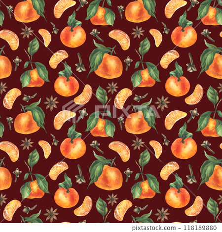 Tangerines with whole leaves and slices with spices, star anise and cloves. Watercolor illustration, hand drawn. Winter, Christmas seamless pattern on a burgundy background 118189880
