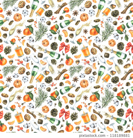 Christmas collection with tangerines, sweets, spices, champagne and plants. Watercolor illustration, hand drawn for holiday decor.. Big set of isolated objects on a white background Christmas collection with tangerines, sweets, spices, champagne and plants. Watercolor illustration, hand drawn for holiday decor.. Big set of isolated objects on a white background 118189881