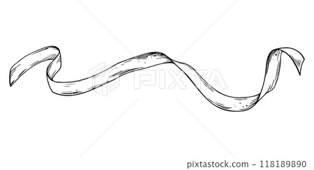 Ribbon, satin, silk, twisted. Line art is a simple hand-drawn illustration in black and white ink. Isolated vector EPS object. 118189890
