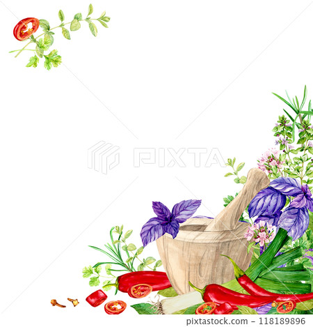 Template with wooden mortar and pestle for spices and aromatic herbs. Watercolor composition with basil, rosemary, parsley, dill, onion, garlic, cilantro, chili, paprika. Banner with space for text. 118189896