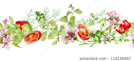 Seamless pattern with kitchen herbs. Rosemary, thyme, chili, bay leaf, cilantro, parsley, paprika. Watercolor botanical illustration. Spices of India, composition on white background. 118189897