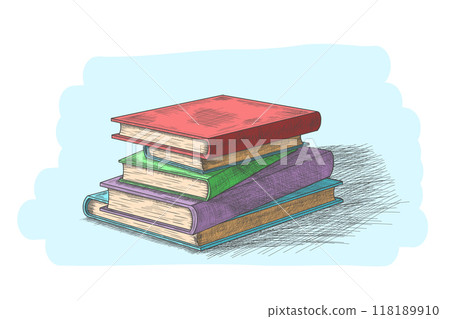 Hand drawn color sketch in vintage engraving style of stack of books with colored cover on a blue background. Educational or literary concept. Vector illustration in cross hatching shading technique. Hand drawn color sketch in vintage engraving style of stack of books with colored cover on a blue background. Educational or literary concept. Vector illustration in cross hatching shading technique. 118189910