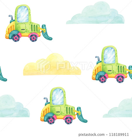 A whimsical green truck cartoon style, set against a soft cloud background. Seamless pattern watercolor clipart with sky and forklift for childrens fabric, wrapping paper, or nursery wall designs. 118189911