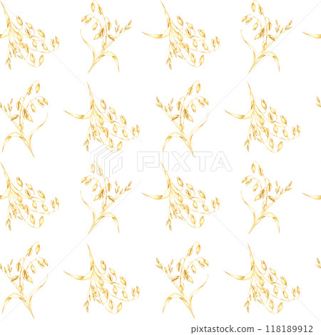 Oats stalks seamless pattern. Golden oats bouquets. Avena sativa watercolor clipart. Illustration for for autumn-themed textiles, rustic wallpaper, eco-friendly product packaging Oats stalks seamless pattern. Golden oats bouquets. Avena sativa watercolor clipart. Illustration for for autumn-themed textiles, rustic wallpaper, eco-friendly product packaging 118189912