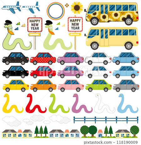 Snake Year Illustration New Year's Card Design Material "Road Traffic Snake and Car Bus Airplane" HAPPY NEW YEAR 118190009