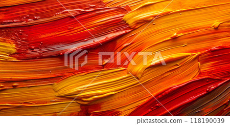 Vibrant Abstract Large Strokes of Red, Orange and Yellow Oil Paint. Background 118190039