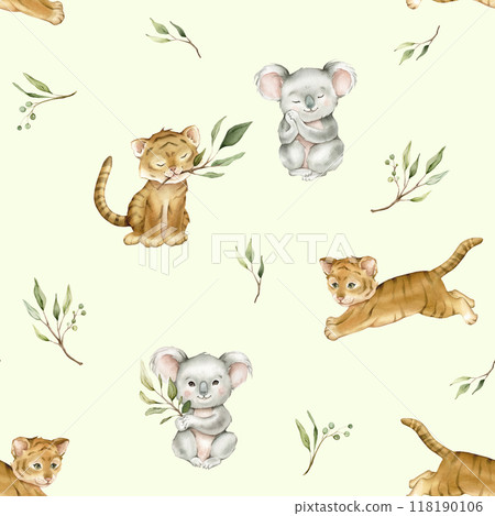 Seamless pattern with green eucalyptus leaves and cute tiger and koala. Watercolor isolated illustration on light green background. Cartoon kids print with animals minimalist scandinavian style. 118190106