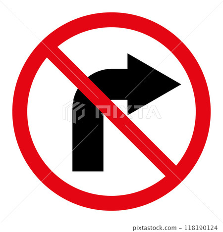 No right turn sign symbol, prohibitory traffic sign, red crossed out circle symbol with arrow pointing to the right No right turn sign symbol, prohibitory traffic sign, red crossed out circle symbol with arrow pointing to the right 118190124