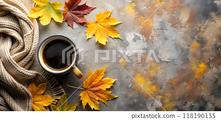 Autumn Coffee Scene with Warm Scarf and Colorful Leaves Autumn Coffee Scene with Warm Scarf and Colorful Leaves 118190135