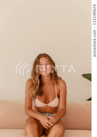 A woman is sitting on a couch and smiling A woman is sitting on a couch and smiling 118190629