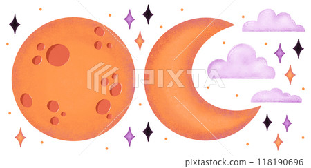 A set of different phases. New moon, full moon, clouds. Halloween night, hand-drawn illustration A set of different phases. New moon, full moon, clouds. Halloween night, hand-drawn illustration 118190696