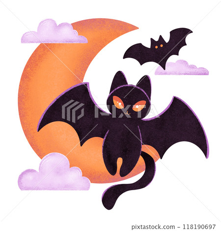 Halloween holiday composition with black cat bat and half moon, print for T-shirt, card Halloween holiday composition with black cat bat and half moon, print for T-shirt, card 118190697